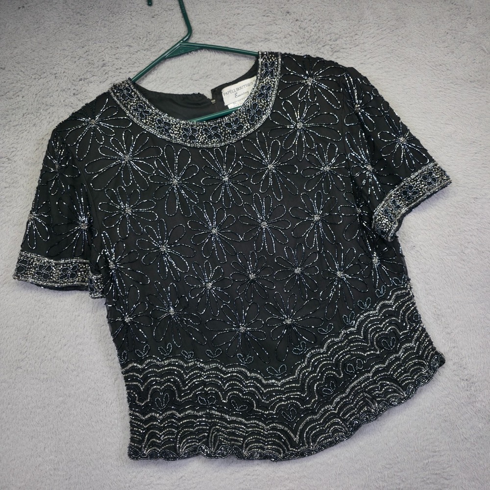 Vintage Papell Boutique Evening Top Womens L Black Silk Beaded Formal Glam Party - Picture 1 of 16